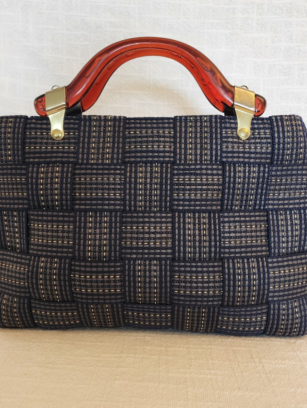 Vintage M&G Bertini Blue/Gold Woven Bag W/ Lucite Handles Made in Italy A441